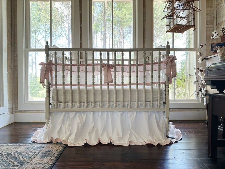 White & Pink Mesh Crib Liner Set + Ruffled Crib Skirt | Breathable | Baby Girl Nursery | Handmade handmade heirloom nursery - High Cotton Textile