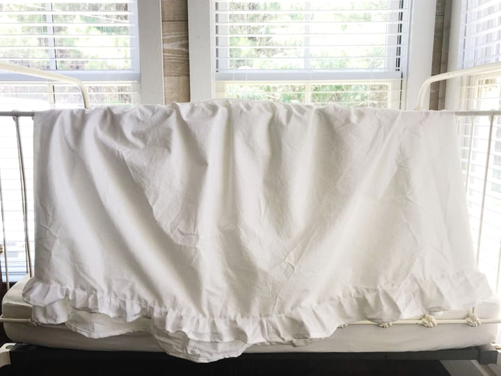White Round Ruffled Crib Skirt handmade heirloom nursery - High Cotton Textile