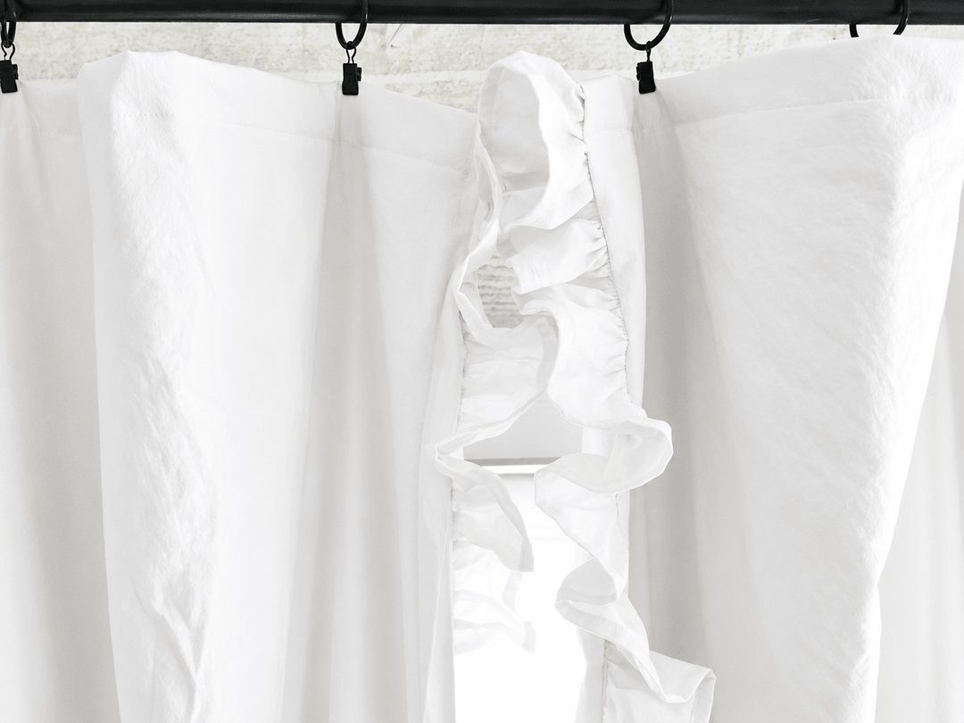 Close up of the soft cotton ruffle down the leading edge of the white blackout panel - High Cotton Textile