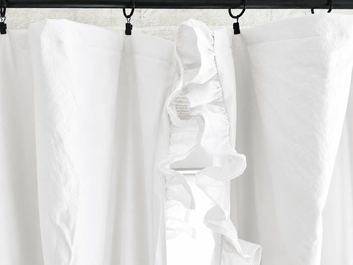 Close up of the soft cotton ruffle down the leading edge of the white blackout panel - High Cotton Textile