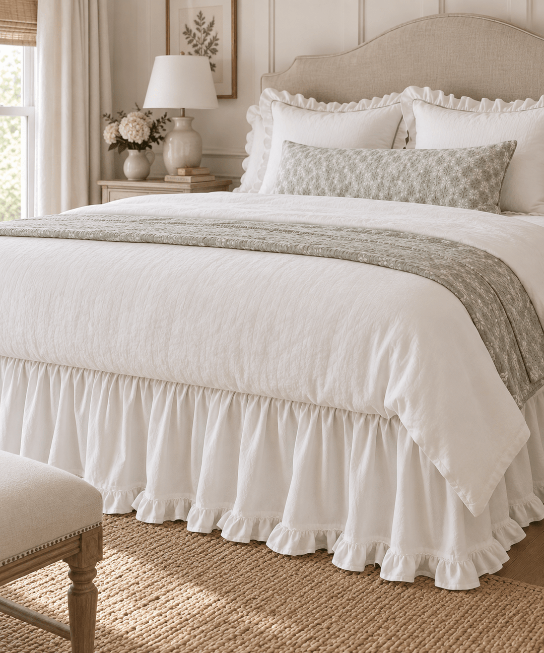 White ruffled cotton bed skirt on a styled bed with a linen headboard, white duvet, sage green quilt and a jute rug, ruffled hem reaching the floor