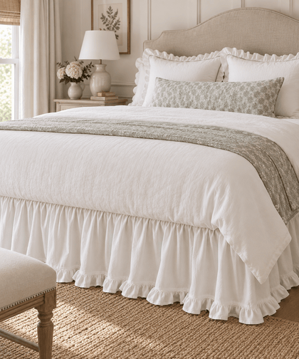White ruffled cotton bed skirt on a styled bed with a linen headboard, white duvet, sage green quilt and a jute rug, ruffled hem reaching the floor