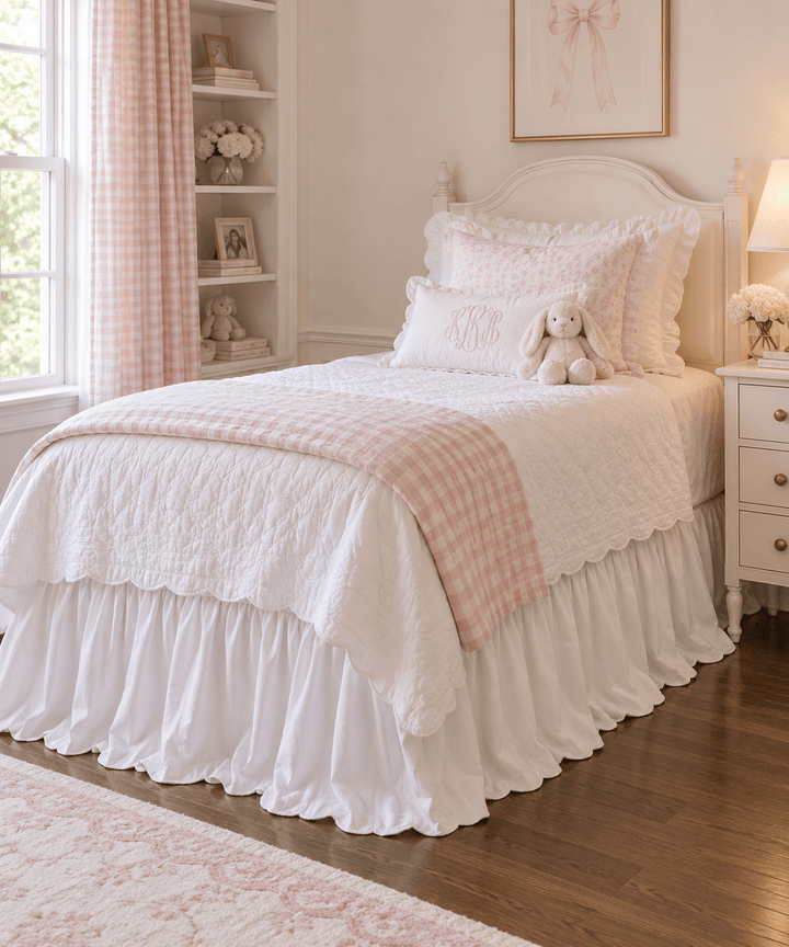 White ruffled twin bed skirt beside a white nightstand in a pink and white girl's room - High Cotton Textile