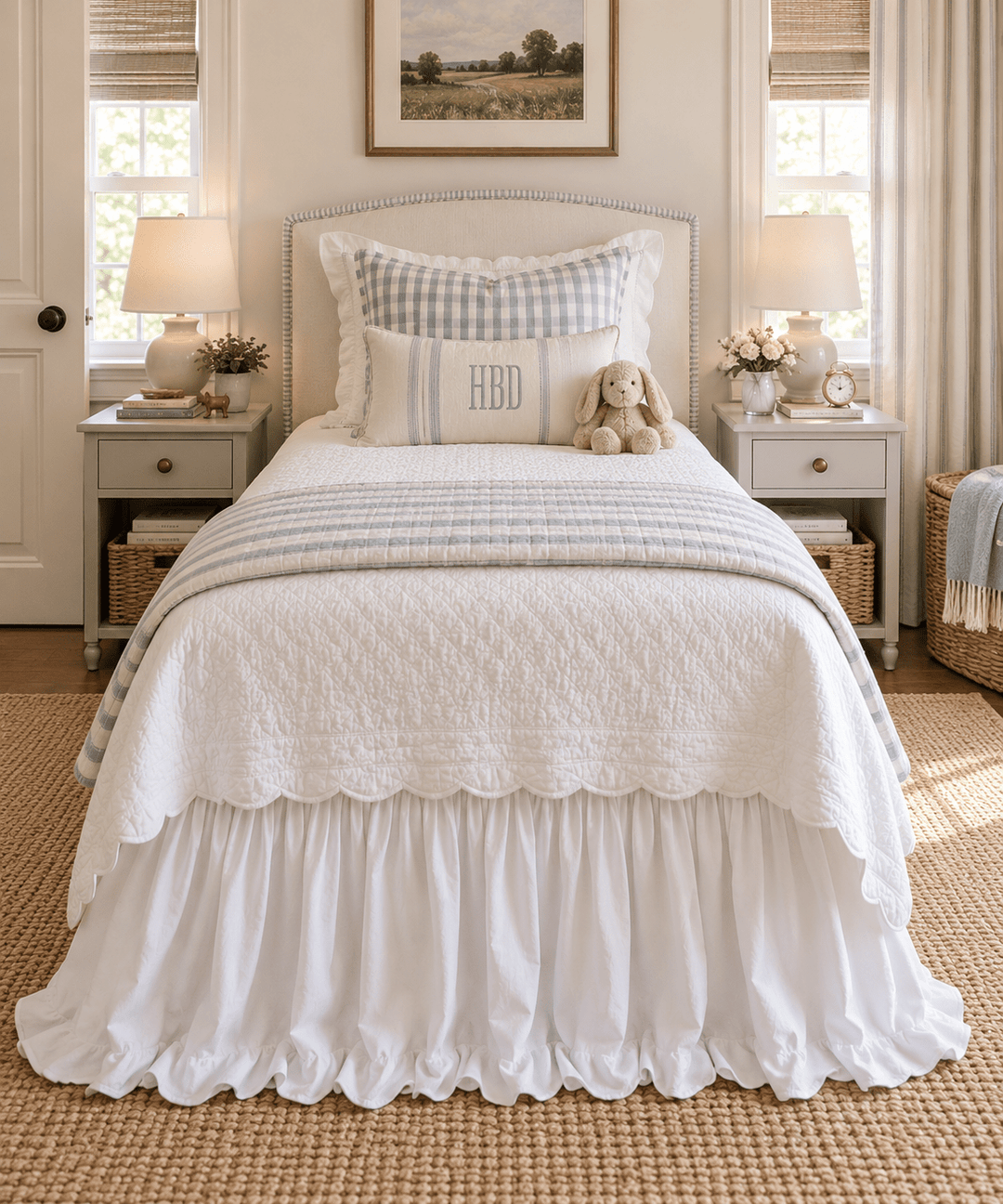 Straight on view from the foot of a twin bed showing the white ruffled bed skirt below a scalloped coverlet - High Cotton Textile