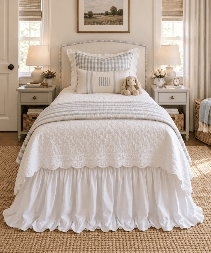 Straight on view from the foot of a twin bed showing the white ruffled bed skirt below a scalloped coverlet - High Cotton Textile