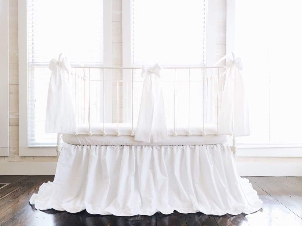 White Ruffled Crib Bedding Set handmade heirloom nursery - High Cotton Textile