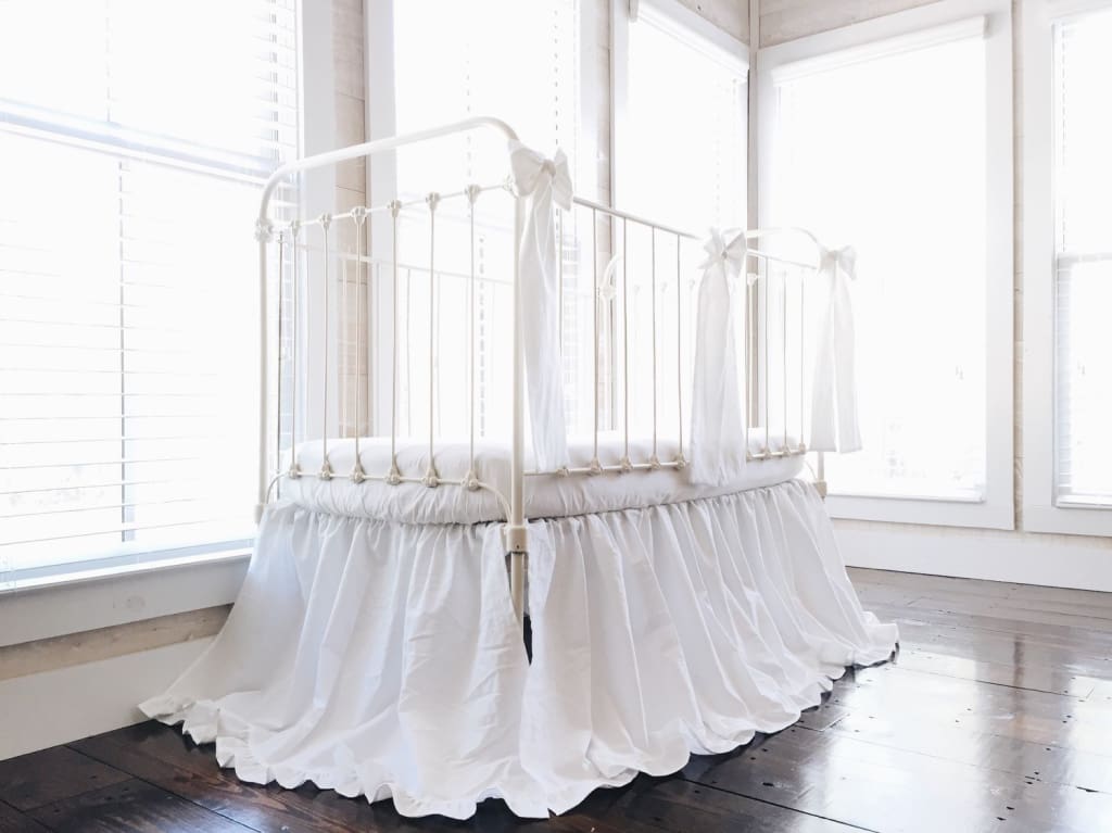 White Ruffled Crib Bedding Set handmade heirloom nursery - High Cotton Textile