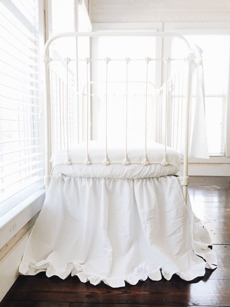 White Ruffled Crib Bedding Set handmade heirloom nursery - High Cotton Textile