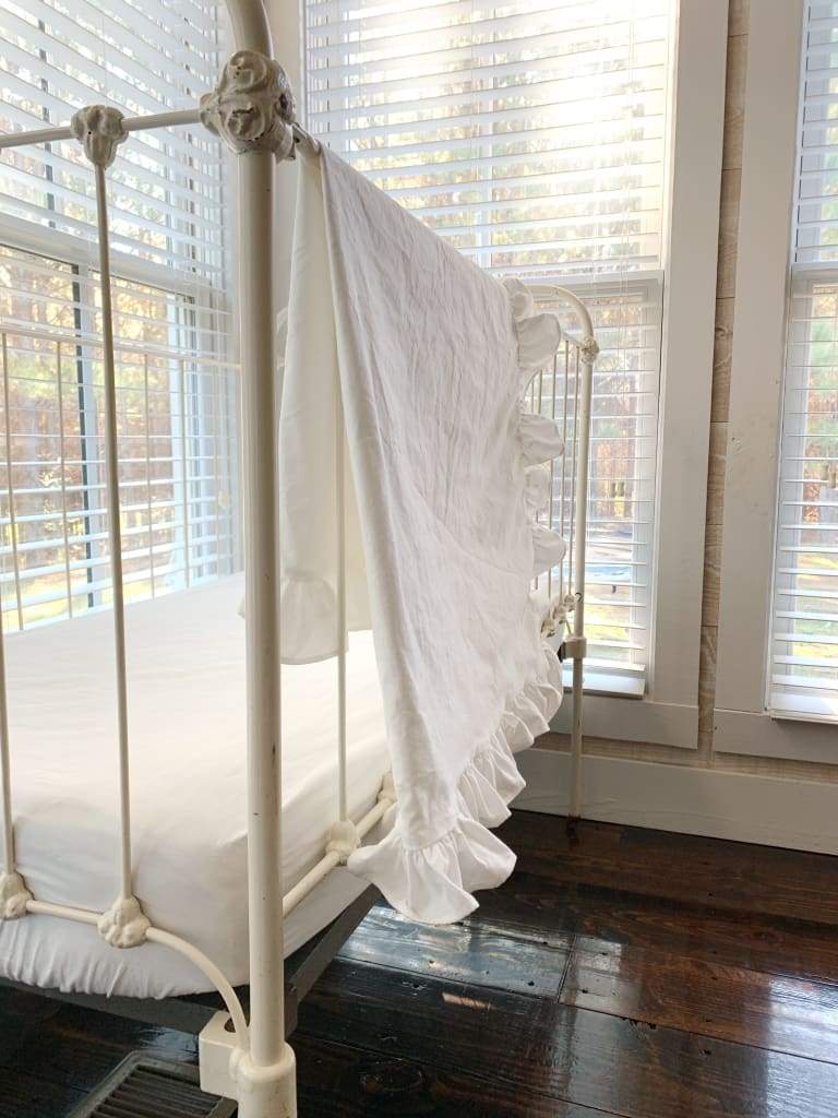 White Ruffled Crib Blanket handmade heirloom nursery - High Cotton Textile