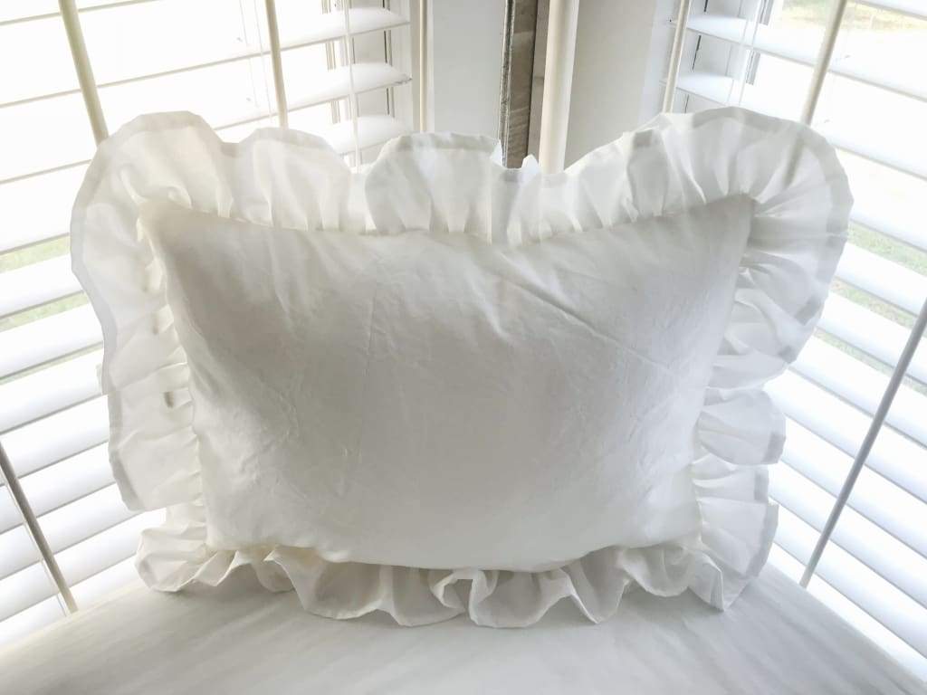 White Ruffled Crib Pillow handmade heirloom nursery - High Cotton Textile