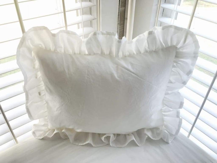 White Ruffled Crib Pillow handmade heirloom nursery - High Cotton Textile