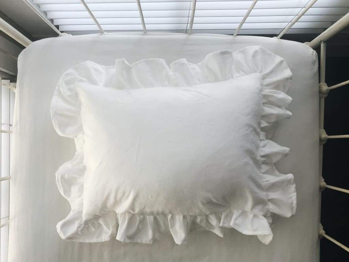 White Ruffled Crib Pillow handmade heirloom nursery - High Cotton Textile