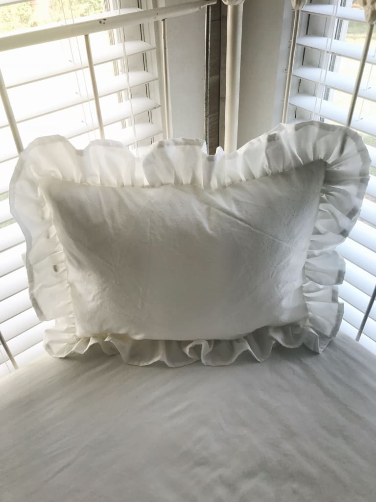 White Ruffled Crib Pillow handmade heirloom nursery - High Cotton Textile