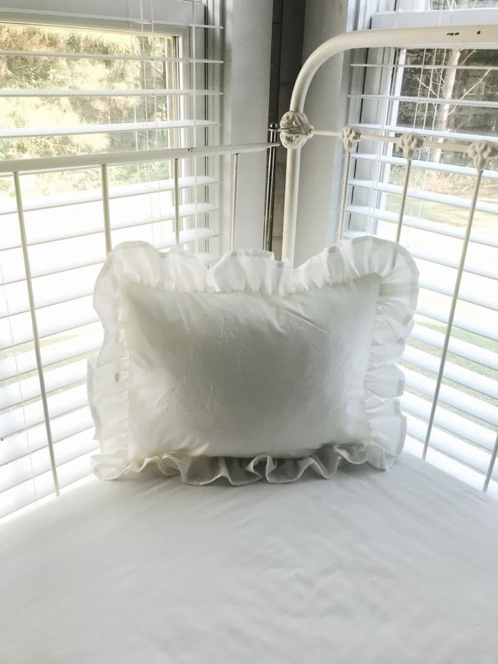 White Ruffled Crib Pillow handmade heirloom nursery - High Cotton Textile