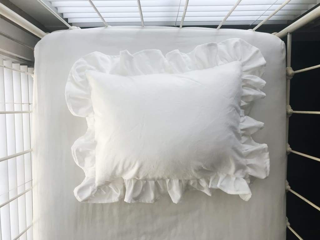 White Ruffled Crib Pillow handmade heirloom nursery - High Cotton Textile