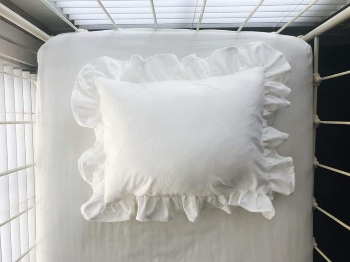 White Ruffled Crib Pillow handmade heirloom nursery - High Cotton Textile
