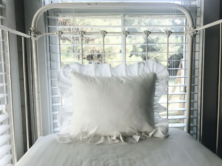 White Ruffled Crib Pillow handmade heirloom nursery - High Cotton Textile