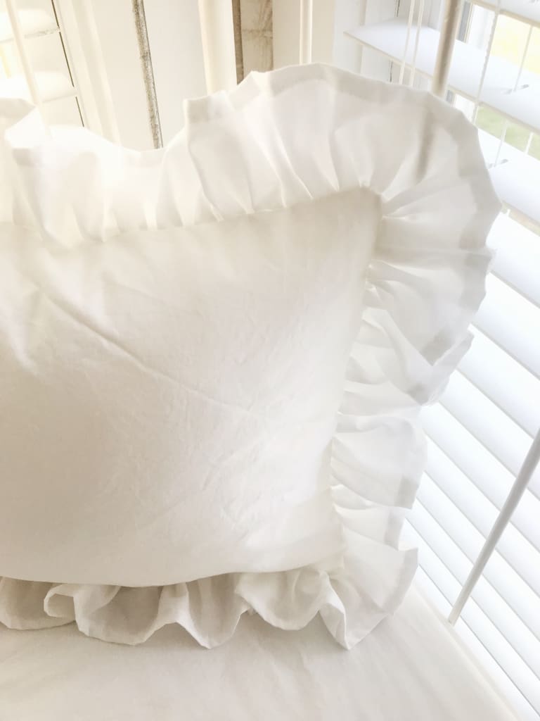 White Ruffled Crib Pillow handmade heirloom nursery - High Cotton Textile