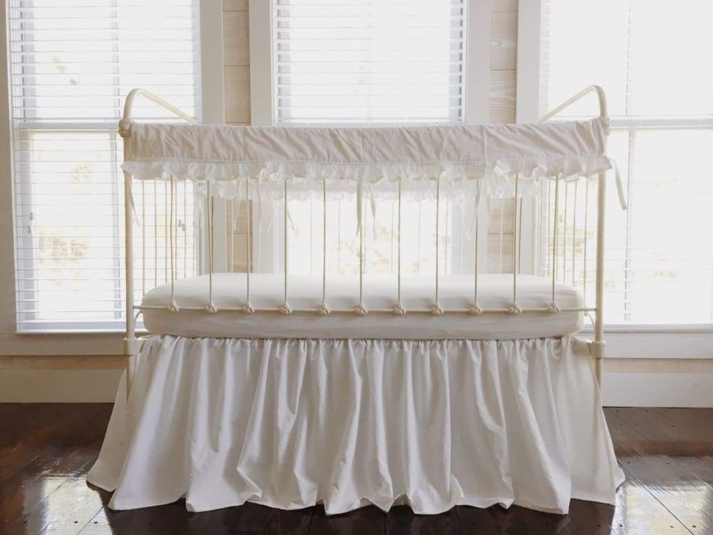 White Ruffled Crib Rail Covers and Farmhouse Crib Skirt Set handmade heirloom nursery - High Cotton Textile