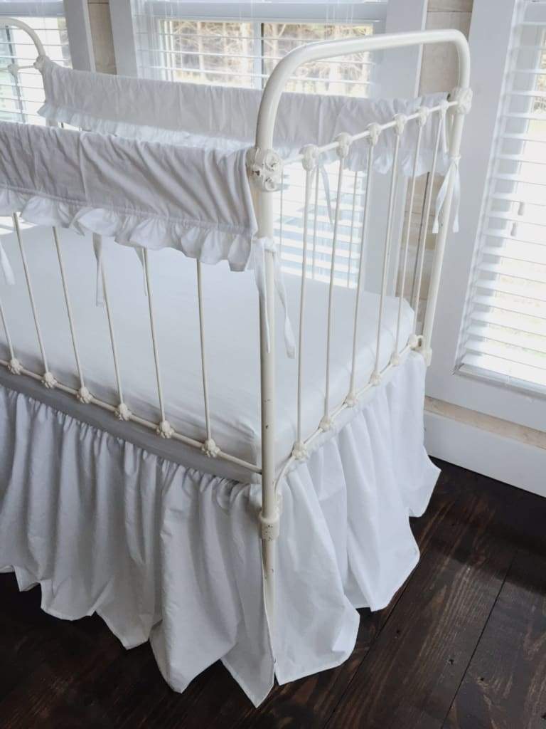 White Ruffled Crib Rail Covers and Farmhouse Crib Skirt Set handmade heirloom nursery - High Cotton Textile
