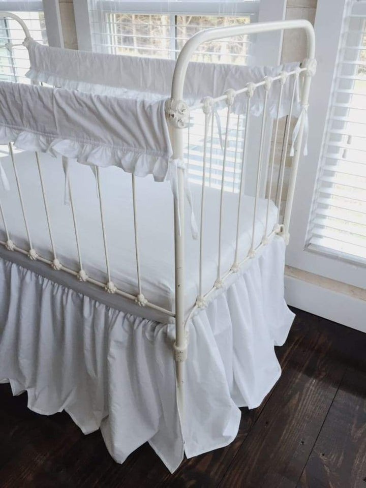 White Ruffled Crib Rail Covers and Farmhouse Crib Skirt Set handmade heirloom nursery - High Cotton Textile