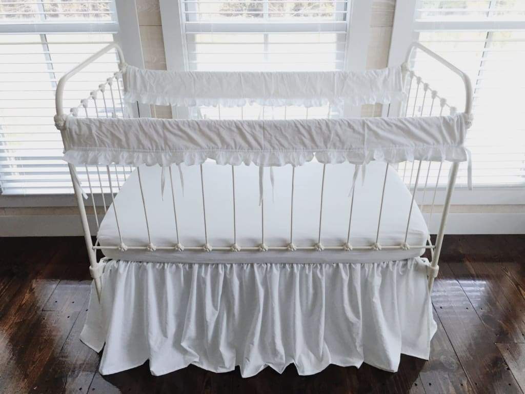 White Ruffled Crib Rail Covers and Farmhouse Crib Skirt Set handmade heirloom nursery - High Cotton Textile