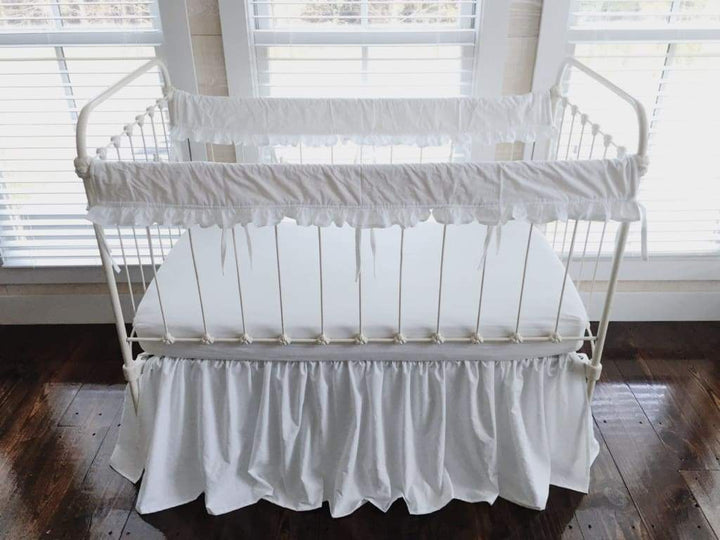 White Ruffled Crib Rail Covers and Farmhouse Crib Skirt Set handmade heirloom nursery - High Cotton Textile