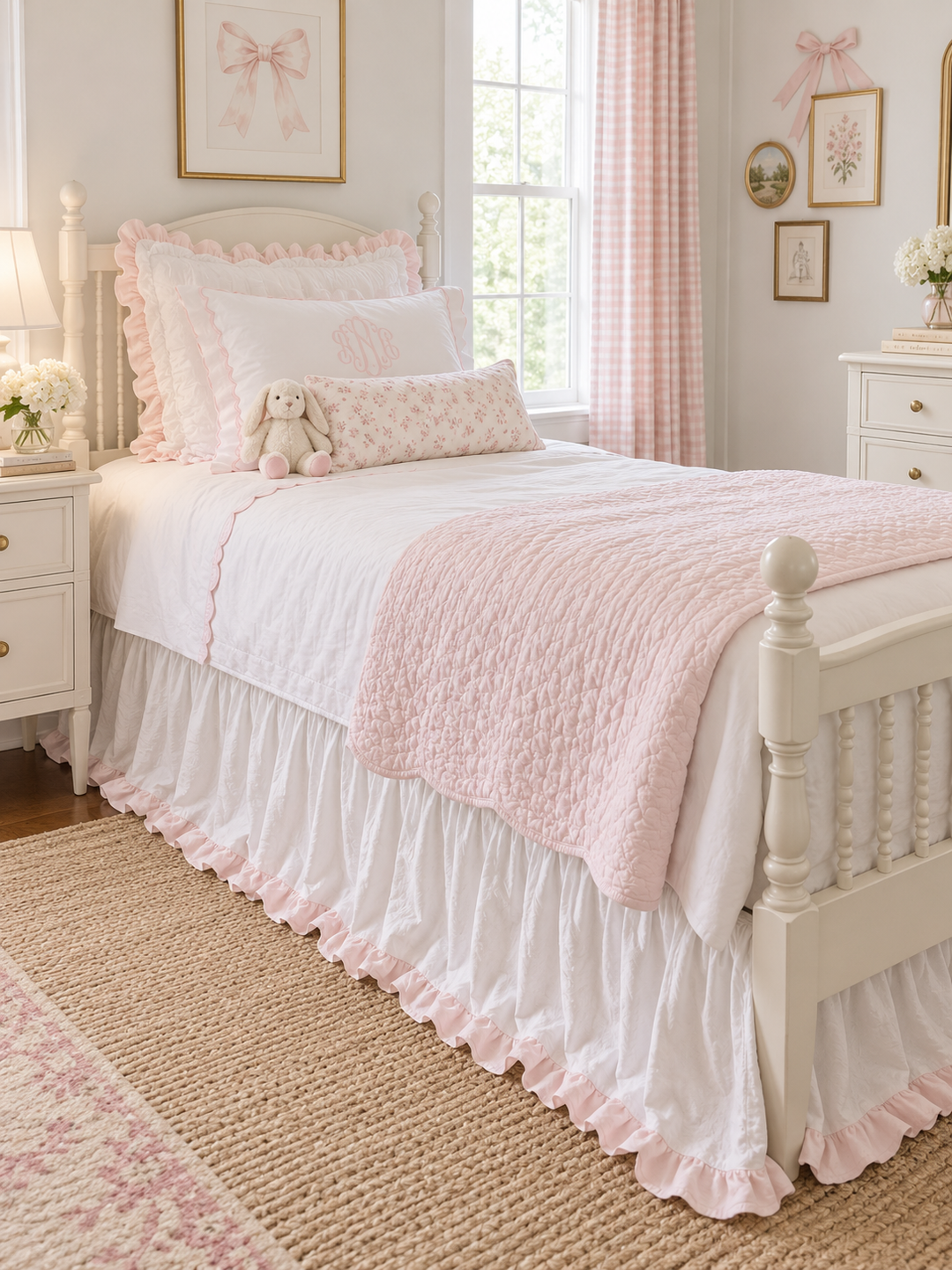 White and baby pink ruffled twin bed skirt running the length of a spindle bed above a jute rug - High Cotton Textile