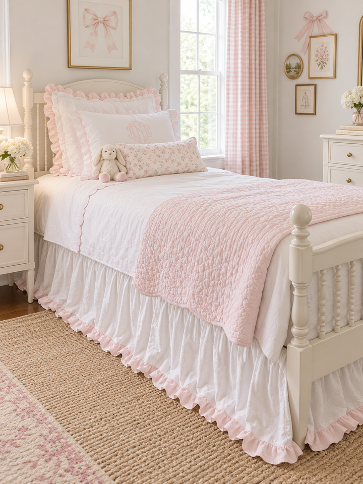 White and baby pink ruffled twin bed skirt running the length of a spindle bed above a jute rug - High Cotton Textile