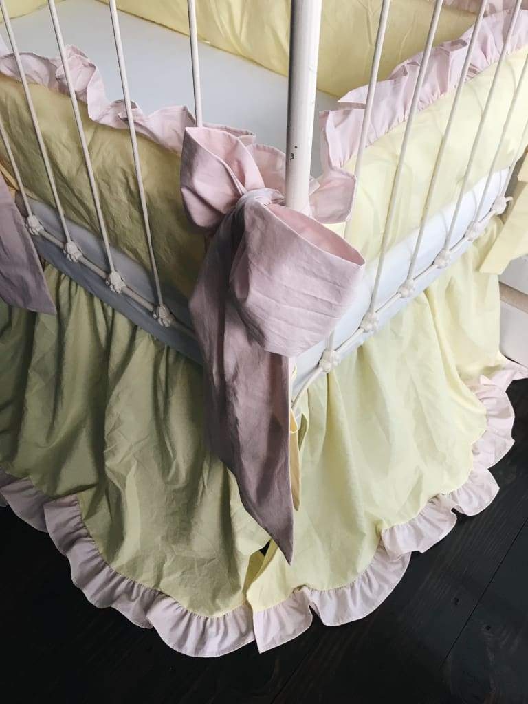 Baby Yellow and Baby Pink | Ruffled Crib Bedding Set + Large Crib Bows