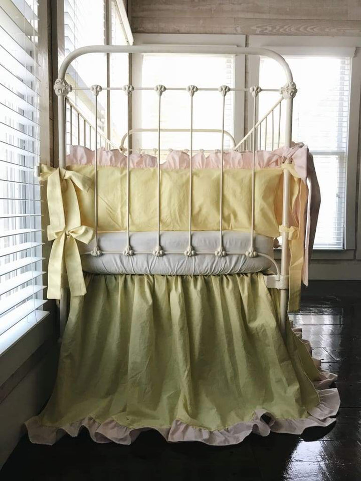 Baby Yellow and Baby Pink | Ruffled Crib Bedding Set + Large Crib Bows