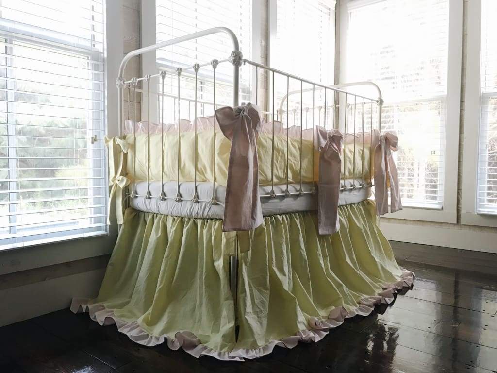 Yellow and Pink Ruffled Crib Bedding Set and Large Crib Bows - High Cotton Textile 