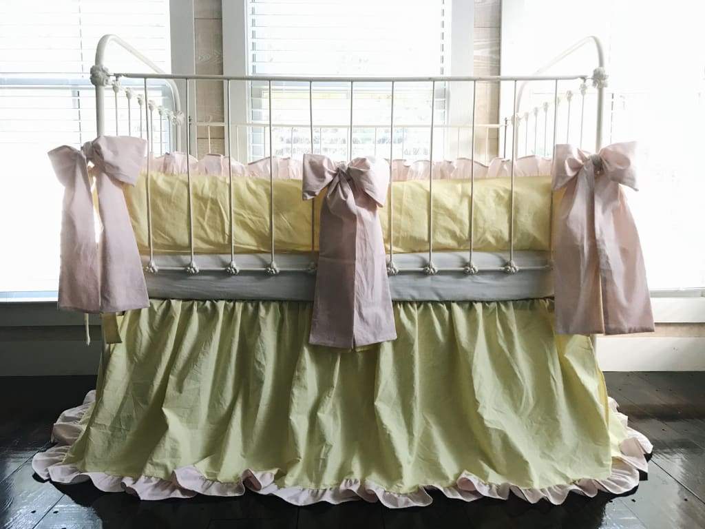 Yellow and Pink Ruffled Crib Bedding Set and Large Crib Bows - High Cotton Textile 