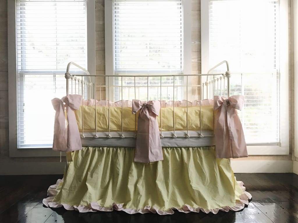 Yellow and Pink Ruffled Crib Bedding Set and Large Crib Bows - High Cotton Textile 