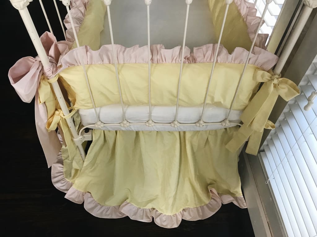 Yellow and Pink Ruffled Crib Bedding Set and Large Crib Bows - High Cotton Textile 