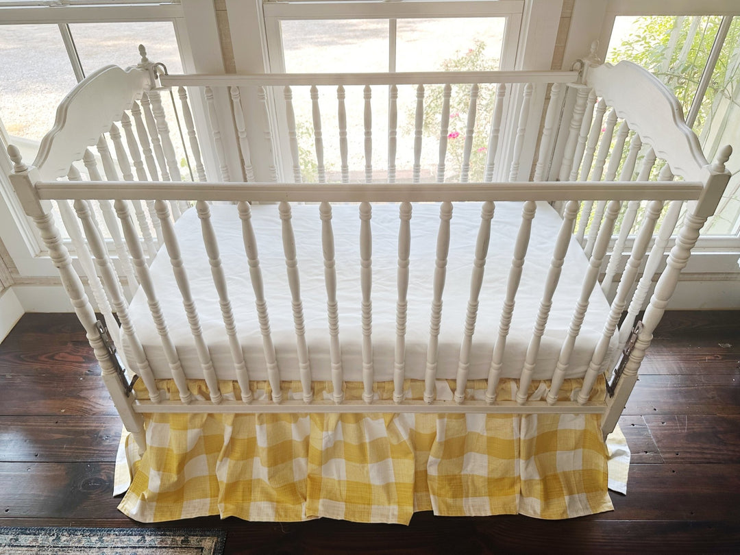 Yellow Buffalo Check Crib Skirt – Farmhouse Gathered Nursery Bedding handmade heirloom nursery - High Cotton Textile