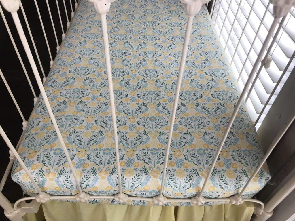 Yellow Floral Fitted Crib Sheet handmade heirloom nursery - High Cotton Textile