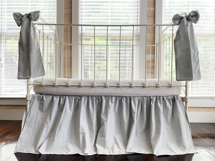 Zen Grey Gathered Crib Skirt & Bow Set | 4-Sided Farmhouse Nursery Bedding | 20" Drop | 100% Washed Cotton | Handmade handmade heirloom nursery - High Cotton Textile