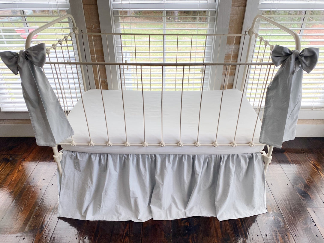 Zen Grey Gathered Crib Skirt & Bow Set | 4-Sided Farmhouse Nursery Bedding | 20" Drop | 100% Washed Cotton | Handmade handmade heirloom nursery - High Cotton Textile