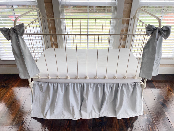 Zen Grey Gathered Crib Skirt & Bow Set | 4-Sided Farmhouse Nursery Bedding | 20" Drop | 100% Washed Cotton | Handmade handmade heirloom nursery - High Cotton Textile