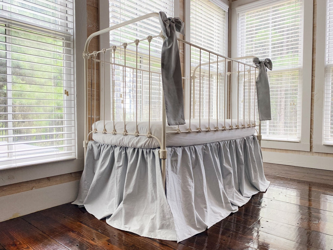 Zen Grey Gathered Crib Skirt & Bow Set | 4-Sided Farmhouse Nursery Bedding | 20" Drop | 100% Washed Cotton | Handmade handmade heirloom nursery - High Cotton Textile