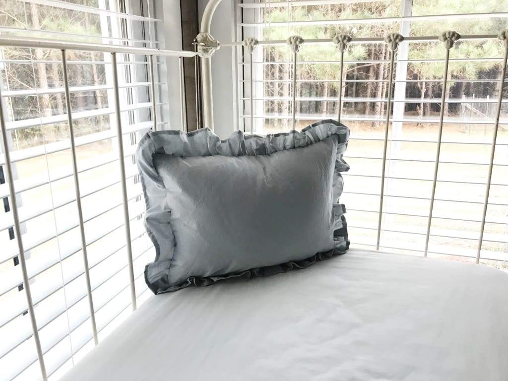 Zen Grey Ruffled Crib Pillow handmade heirloom nursery - High Cotton Textile