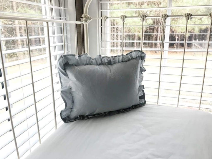 Zen Grey Ruffled Crib Pillow handmade heirloom nursery - High Cotton Textile