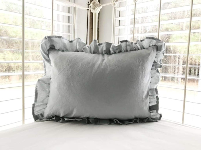 Zen grey ruffled crib pillow in washed cotton