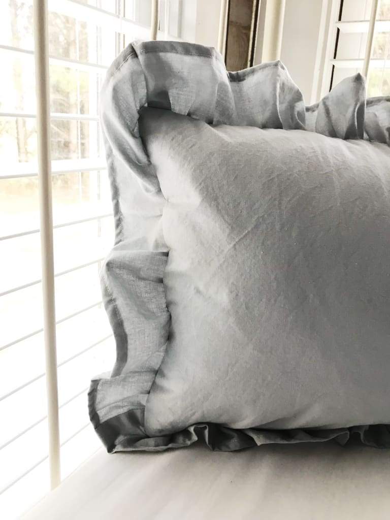 Zen Grey Ruffled Crib Pillow handmade heirloom nursery - High Cotton Textile