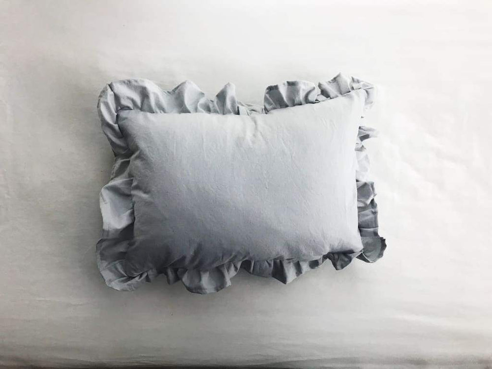Zen Grey Ruffled Crib Pillow handmade heirloom nursery - High Cotton Textile