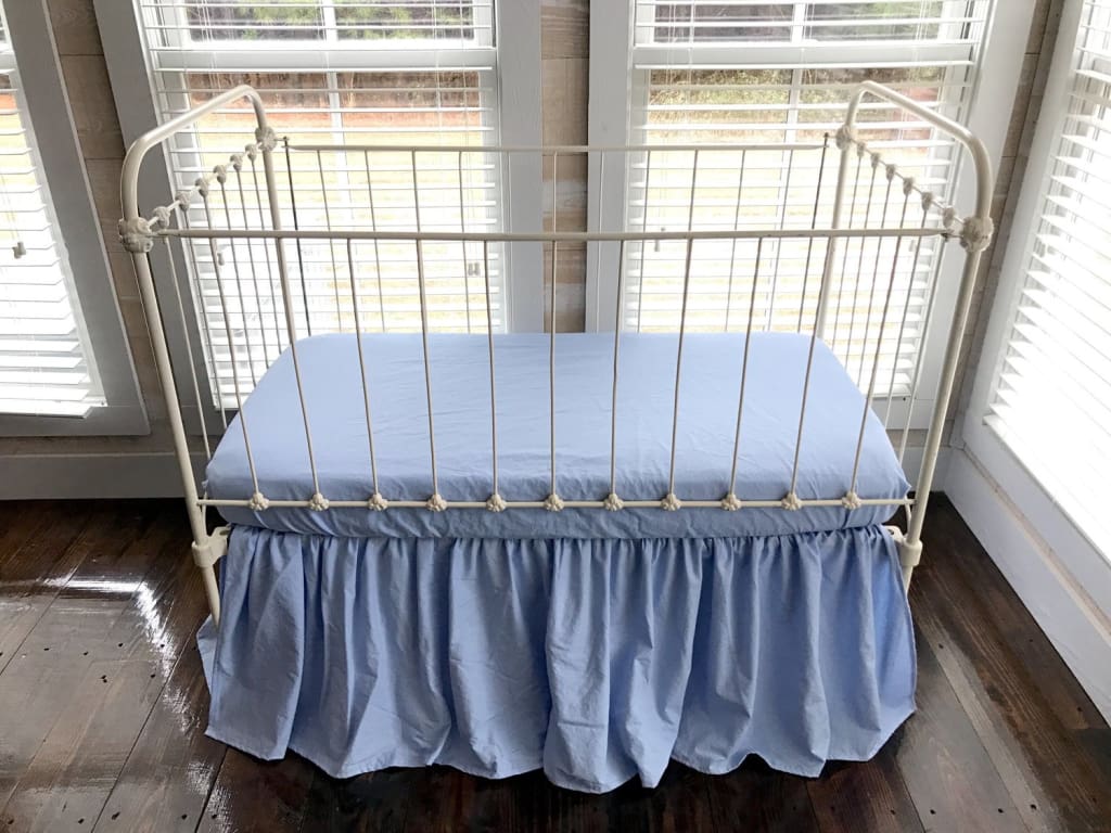 Baby Blue Farmhouse Crib Skirt for Boys handmade heirloom nursery - High Cotton Textile
