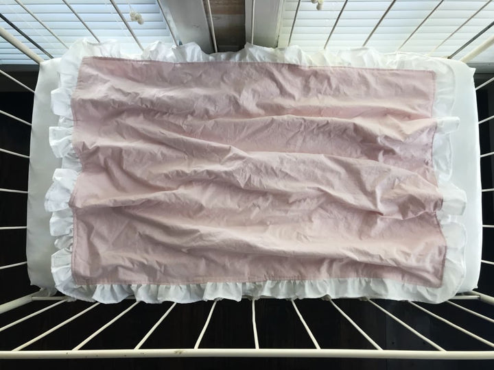 Baby Pink and White Ruffled Crib Blanket handmade heirloom nursery - High Cotton Textile