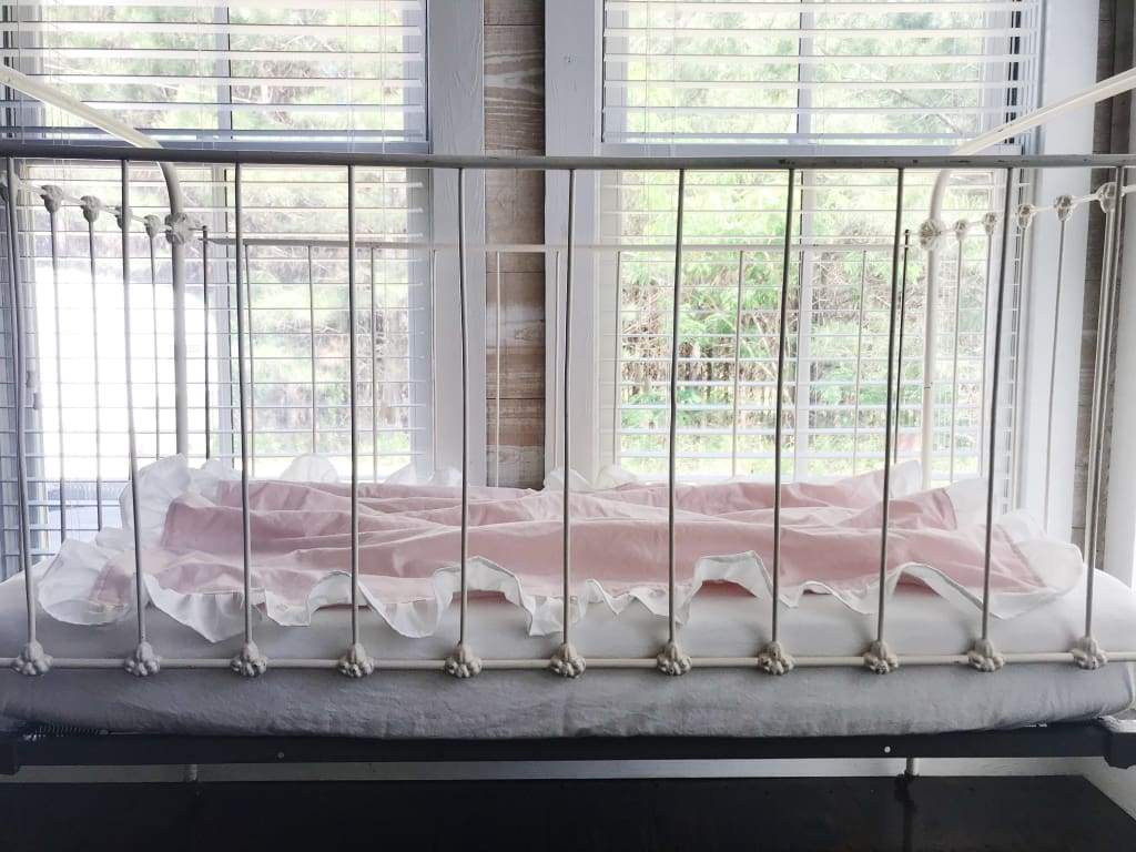 Baby Pink and White Ruffled Crib Blanket handmade heirloom nursery - High Cotton Textile