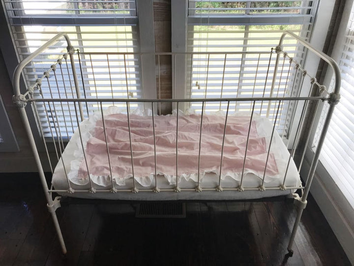 Baby Pink and White Ruffled Crib Blanket handmade heirloom nursery - High Cotton Textile